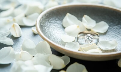 White flower petals surrounding a sparkling diamond ring in a shallow dish, understated, subtle