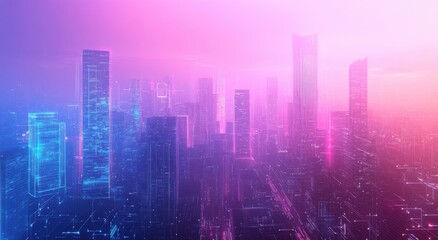 Fototapeta premium A Vibrant Futuristic Cityscape at Dusk with Neon Lights and Skyscrapers Bathed in Soft Purple and Blue Hues, Evoking a Sense of Technology and Innovation