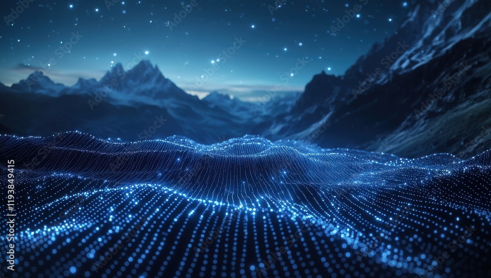 Poster abstract digital landscape with starry sky and illuminated waves of light representing data flow in 