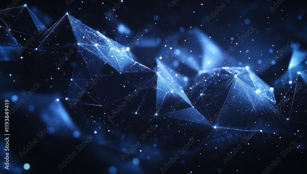 Poster abstract digital landscape with triangular forms and dynamic light effects, featuring a deep blue co