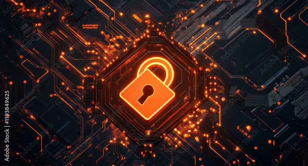 Poster abstract digital lock symbol on circuit board background representing cybersecurity and data protect