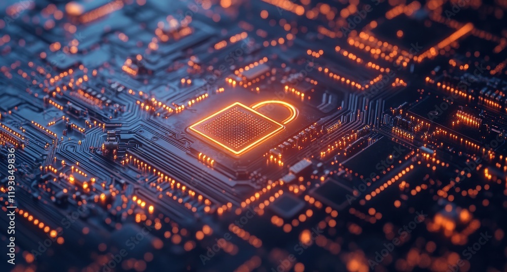 Poster abstract digital technology background featuring a glowing orange padlock symbol on a circuit board 