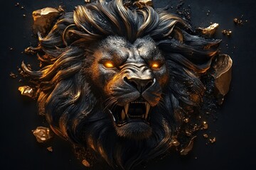 Fierce Lion Head Sculpture in Gold and Black with Dramatic Mane and Dark Background