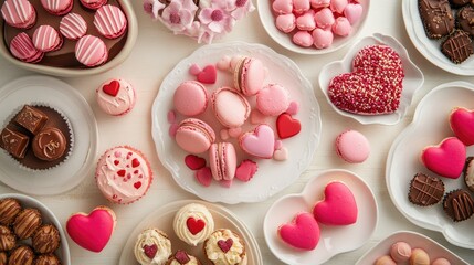 Valentine's Day Sweet Treats: A delectable array of pink and red heart-shaped macarons, chocolates, cupcakes, and cookies, arranged beautifully on white plates for a romantic celebration.