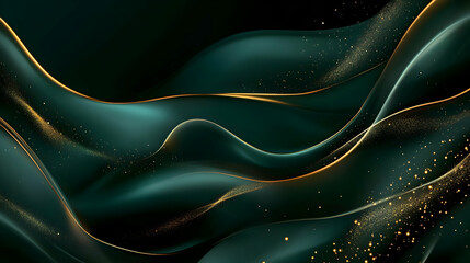 Obraz premium Elegant Green Waves with Golden Accents and Sparkling Particles