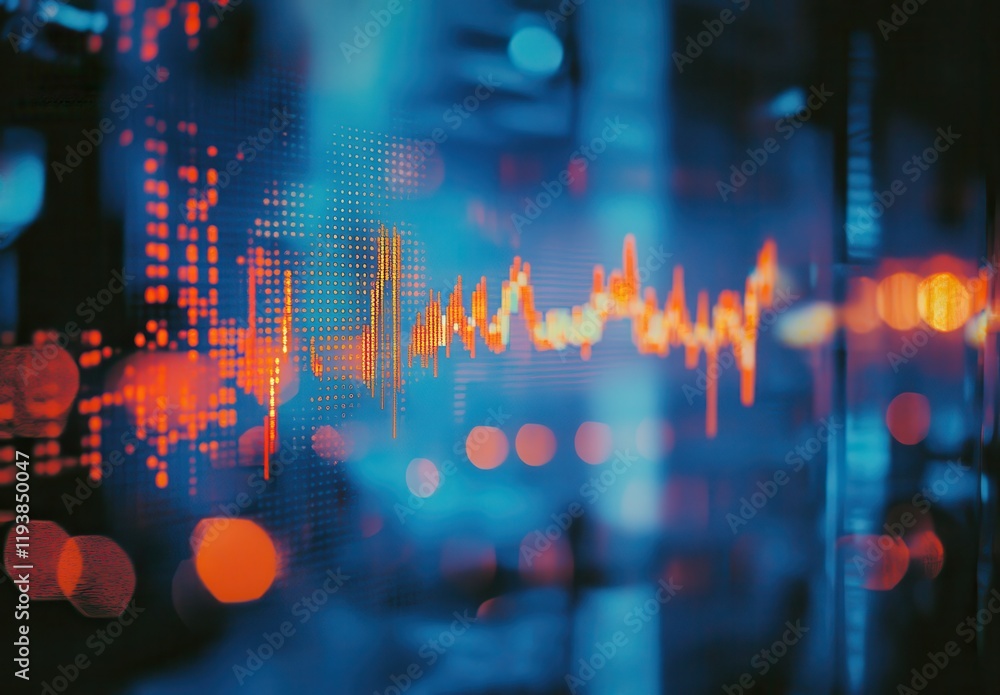 Poster abstract digital visualization of sound waves and frequency patterns representing modern technology 