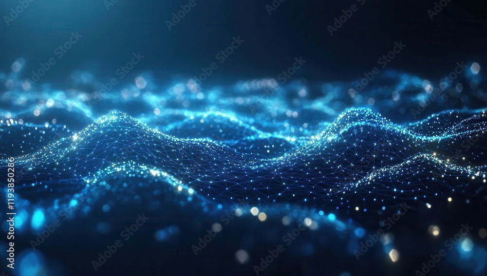 Poster Abstract Digital Wave Pattern in Blue and Turquoise Colors with Glowing Points of Light Representing Data Flow and Technology Concept