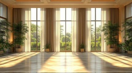 Fototapeta premium Sunlit Luxury Room Interior Design: Elegant Architecture, Spacious Living, Modern Home Decor, Serene View