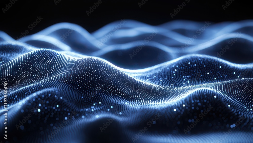 Poster abstract digital wave patterns with glowing dots in a dark background, representing technology, data