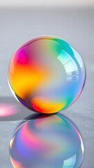 a spherical glass marble, filled with bright, swirling rainbow colors.