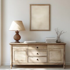 Rustic Wooden Sideboard with Vintage Lamp and Books in Minimalist Scandinavian Interior