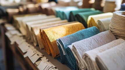 Obraz premium A closeup of an array of sustainable labels printed using vegetablebased ink expertly organized on a workstation with textured fabrics and natural twine tered nearby.