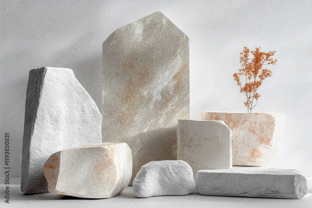 Poster minimalist stone shapes display stand for cosmetics on white background 3d rendering
