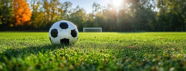 soccer ball on lush green grass in stadium with goal in background summer sports scene