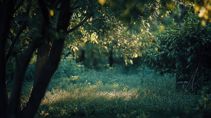 A serene forest clearing with soft sunlight streaming through tall trees, offering a peaceful, natural setting perfect for eco-friendly or outdoor product showcases.
