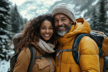 Fototapeta premium Happy couple taking selfie on winter vacation hike in snowy mountains, enjoying adventure and outdoor exploration.