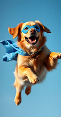 Super Hero Golden retriever dog wearing a blue cape and a blue mask