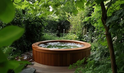 Wooden Hot Tub in a Lush Green Garden Setting