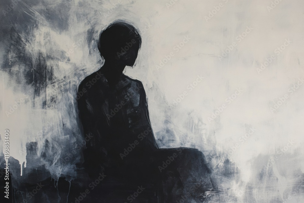 Fototapete Person in shadow surrounded by abstract elements expressing mental turmoil during a quiet moment of reflection. Generative AI