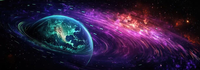 Obraz premium Futuristic Digital Earth in Cosmic Network of Light Trails and Global Communication