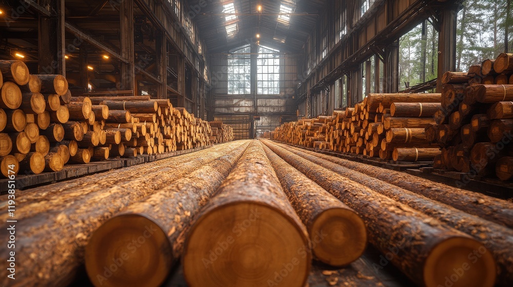 Poster logs stacked neatly in a spacious timber mill with natural light streaming through large windows on 