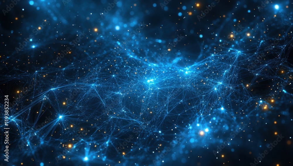 Poster abstract futuristic blue network background with glowing particles and interconnected lines creating