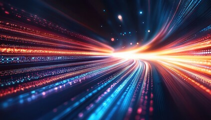 Obraz premium Abstract futuristic background with luminous lines and bright particles creating a vibrant motion effect, ideal for technology and digital themes.