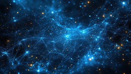 Abstract futuristic blue network background with glowing particles and interconnected lines creating a digital web of lights in space