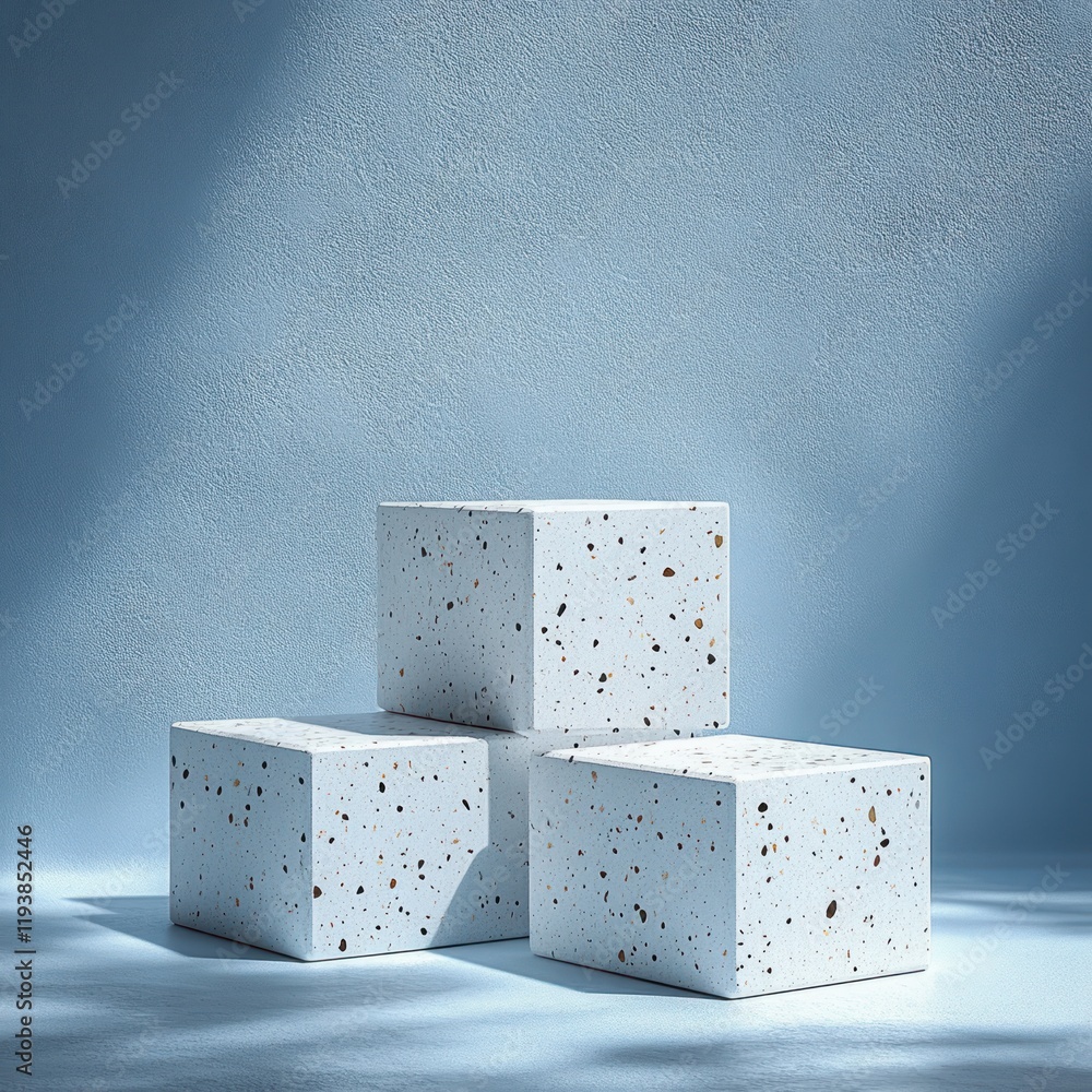 Poster minimalist showroom display for product presentation with geometric terrazzo blocks and soft blue ba