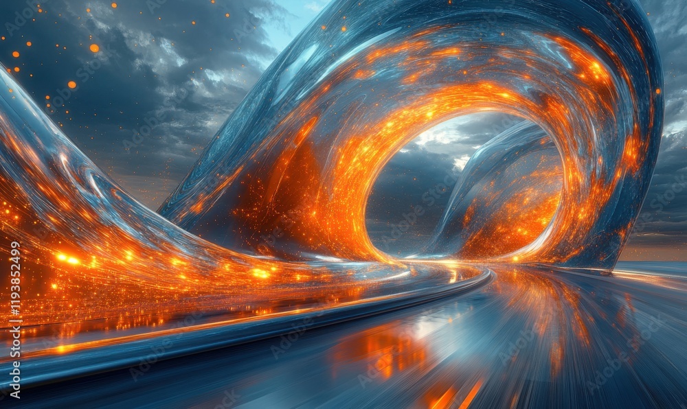 Poster abstract futuristic landscape with luminous fluid forms and dynamic light effects, capturing the ess