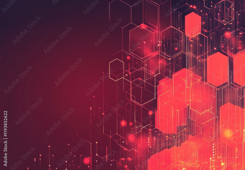 Poster abstract geometric background featuring vibrant red and orange hexagons with glowing lines and dots,
