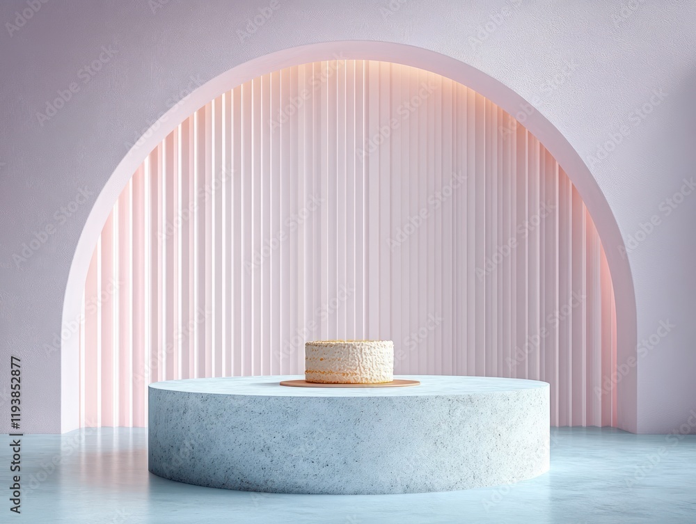 Poster minimalistic product display circular platform textured cake soft pastel color palette high-key ligh