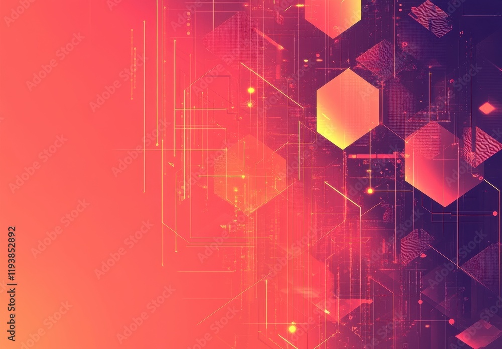 Poster abstract geometric background with hexagonal shapes and lines in warm gradient colors for technology