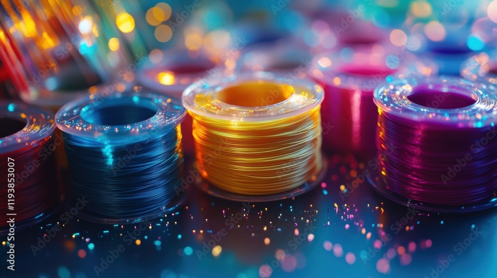 Poster the vibrant colors of various 3d printing filaments arranged artistically around an active 3d printe