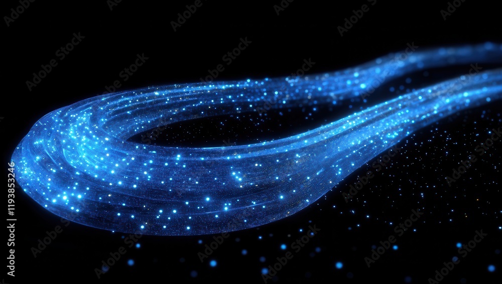 Poster abstract glowing blue particles flowing in a streamlined motion against a dark background, creating 