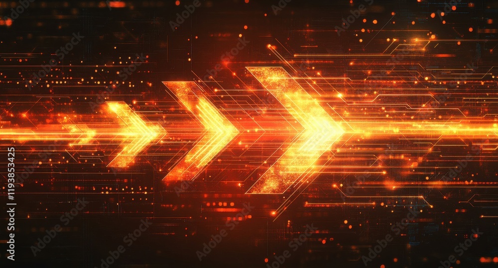 Aufkleber abstract glowing orange arrows with digital circuit patterns on a dark background, representing spee
