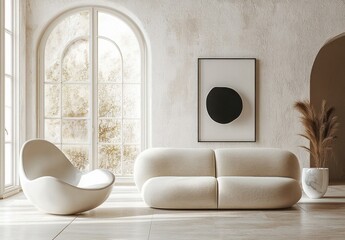 Modern Minimalist Living Room with Curved Beige Sofa and Sculptural White Chair in Scandinavian Design