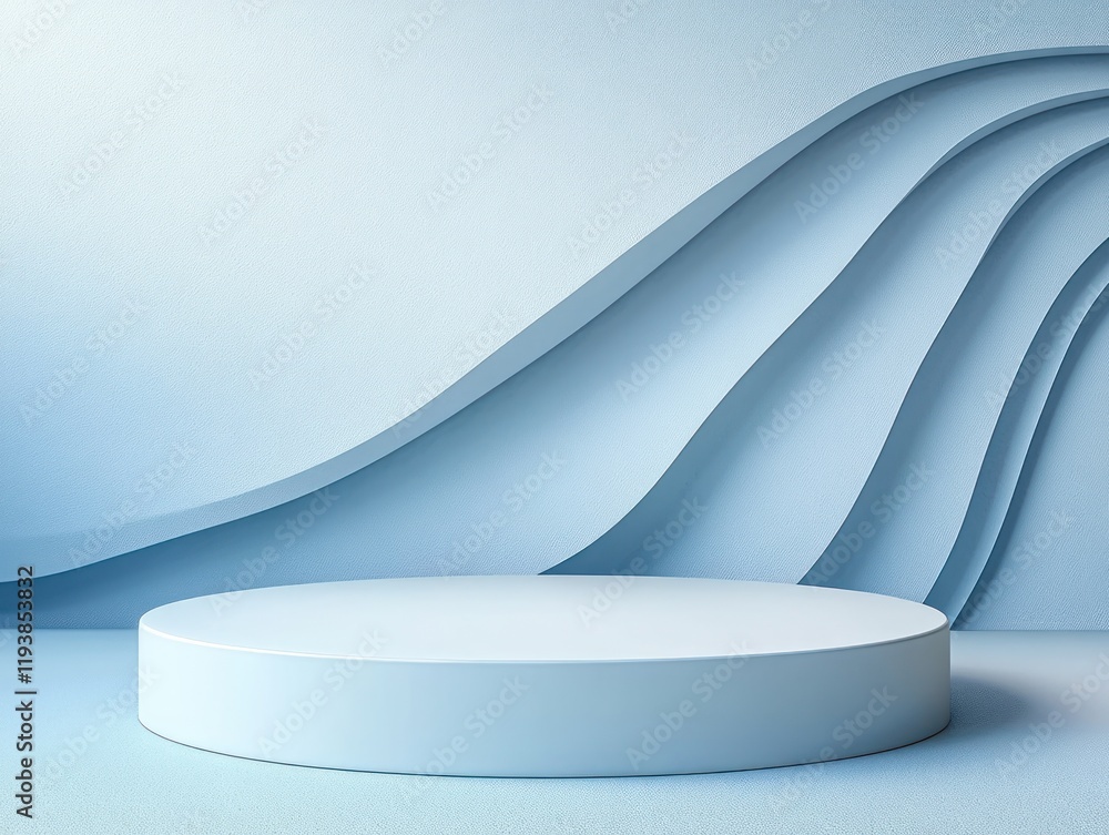 Poster minimalistic pedestal for product display in blue background with modern design geometry