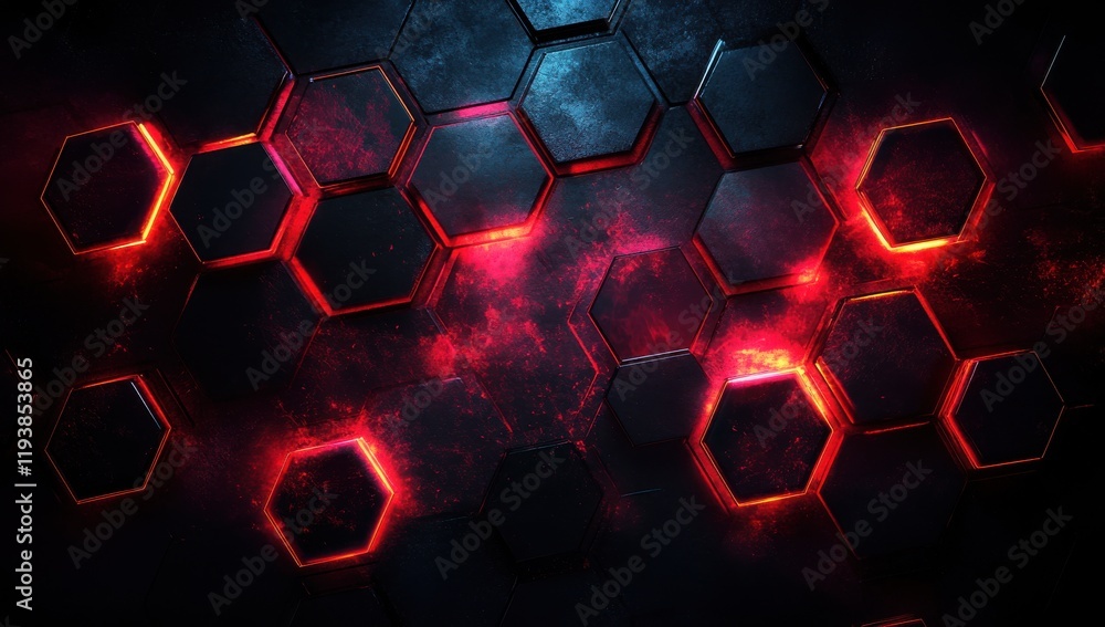 Poster abstract hexagonal background with red and blue lighting effects for futuristic digital design and t