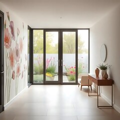 Fototapeta premium Modern hallway with floral wall art and garden view