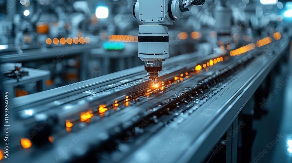 Poster automated manufacturing process: high-tech robotic assembly line