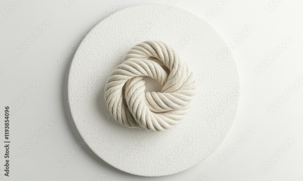 Poster overhead view of a hemp rope square knot placed in the center of a large circular pastel white canva