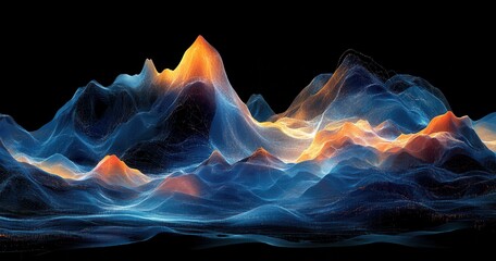 Abstract Landscape of Vibrant Mountains and Waves in Digital Art, Highlighting Orange and Blue Color Gradients Against a Black Background