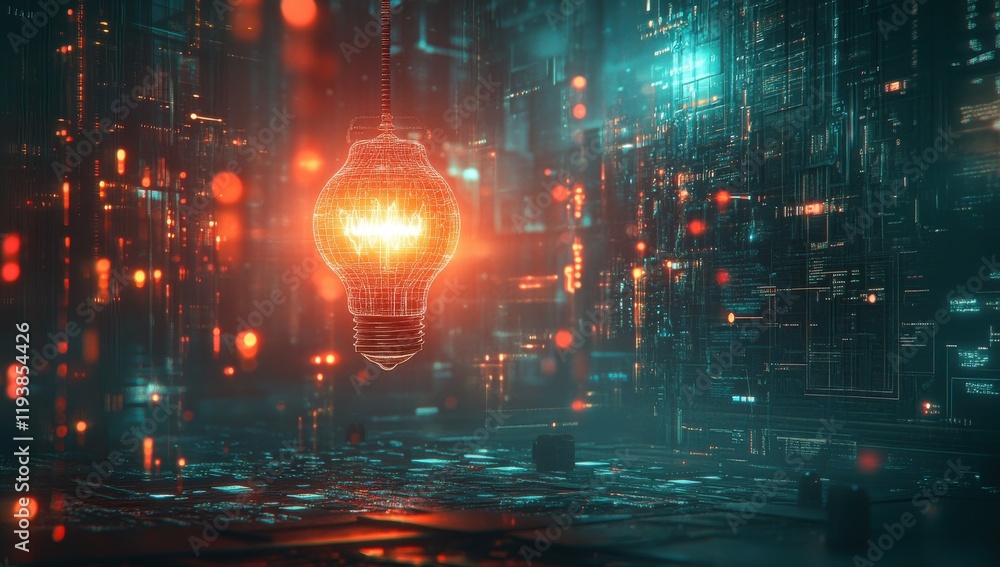 Poster abstract light bulb in a futuristic digital environment with glowing circuits and data streams, repr