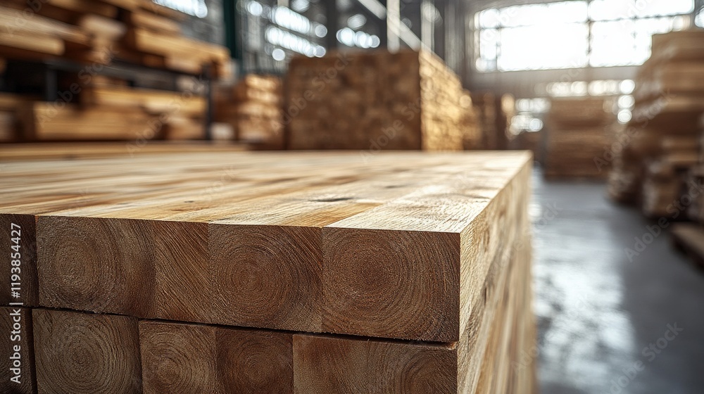 Poster close-up view of freshly cut lumber stacked neatly in a well-lit sawmill showing the natural grain p
