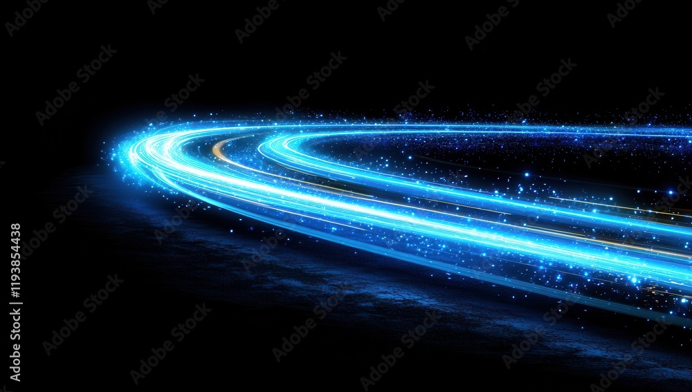 Poster abstract light trails with sparkling particles glowing in blue, creating a dynamic and ethereal atmo