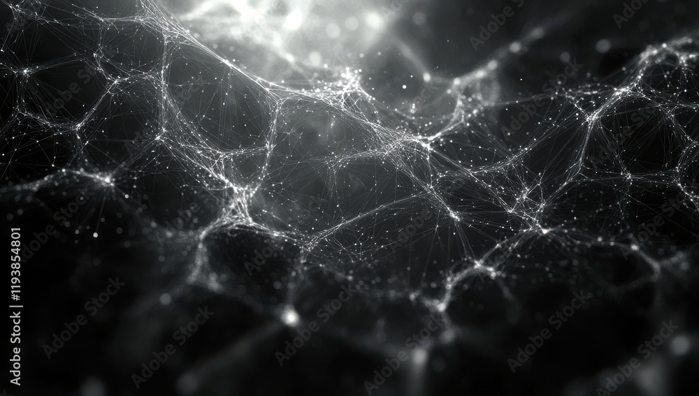 Poster abstract network structure with interconnected nodes and dynamic lines representing data flow and di