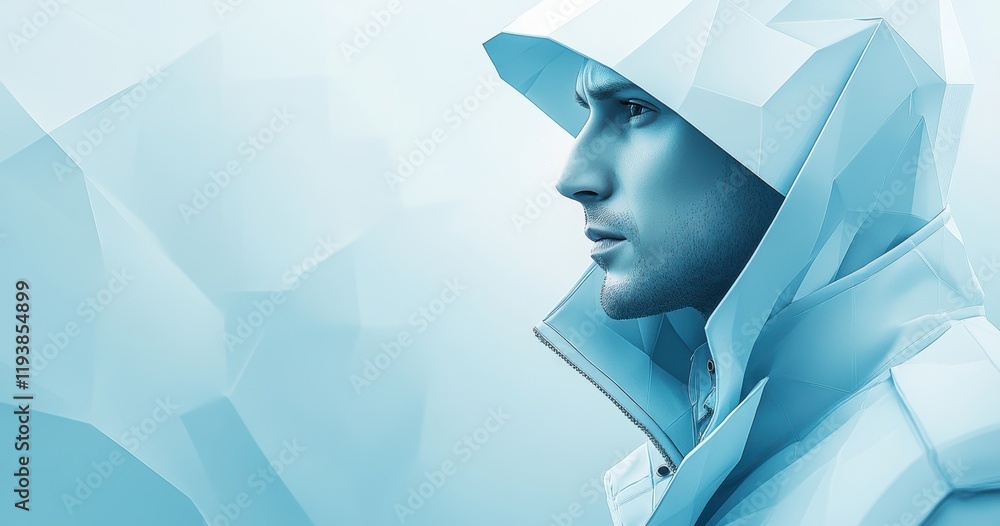 Poster abstract portrait of a stylized man in a hooded jacket against a soft blue background featuring geom