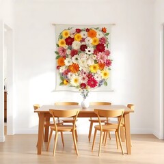 Colorful floral tapestry adorns minimalist dining room wall