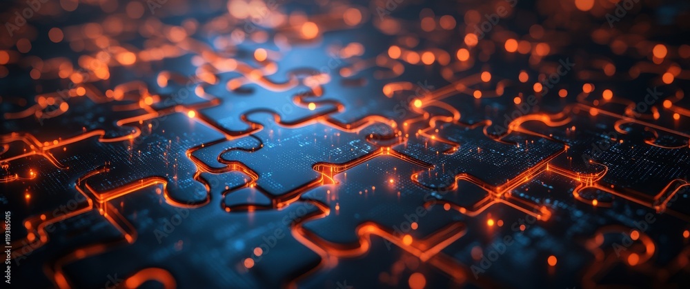 Poster abstract puzzle pieces with glowing orange lights on a dark background, creating a high-tech and mys